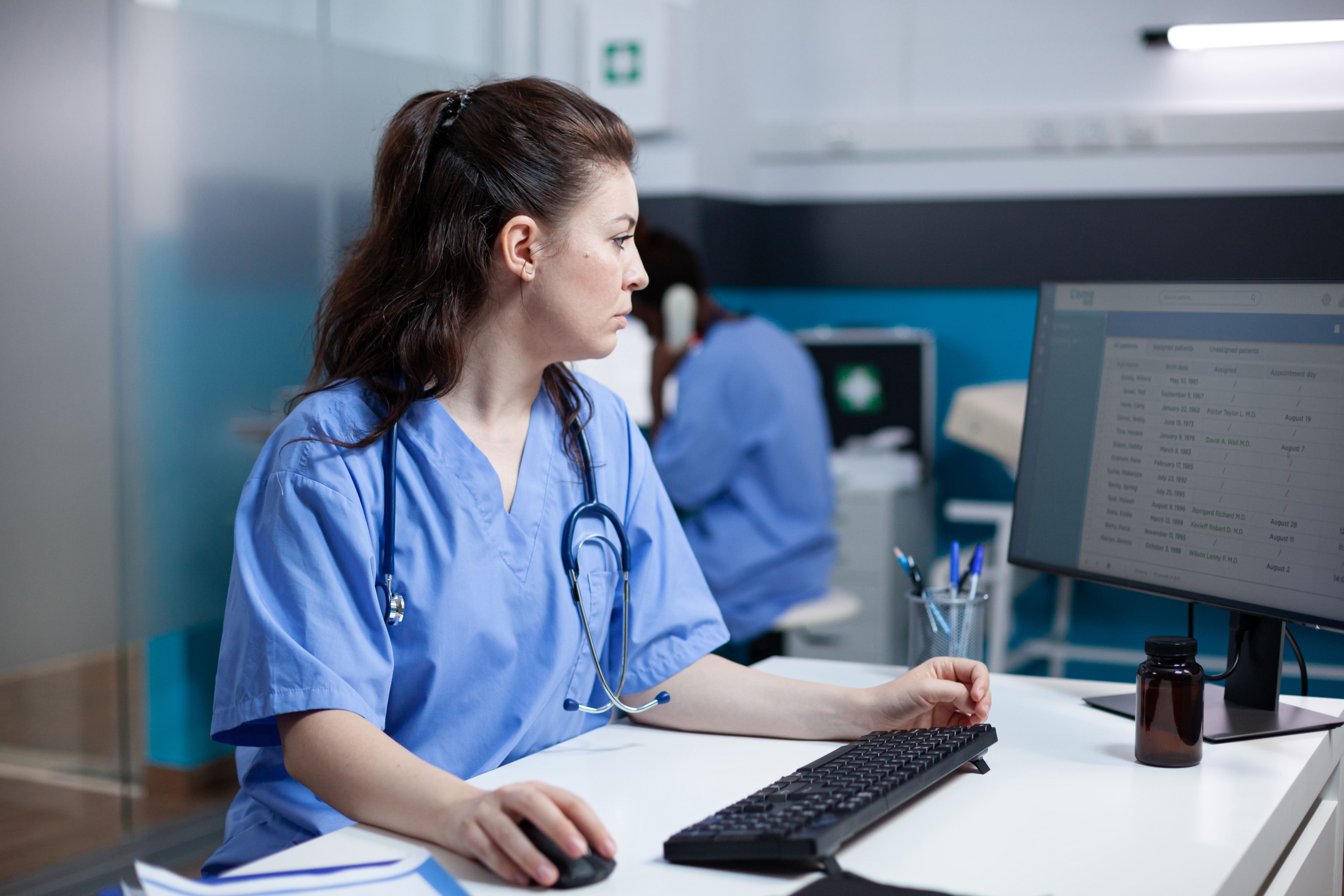 vet nurse checking computer
